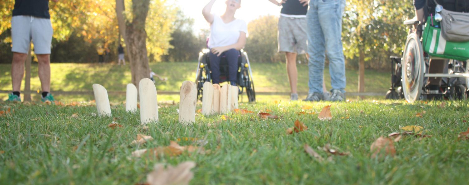 Personen stehend und im Rollstuhl spielen ein Wurfspiel mit Holzklötzen auf einer Wiese
